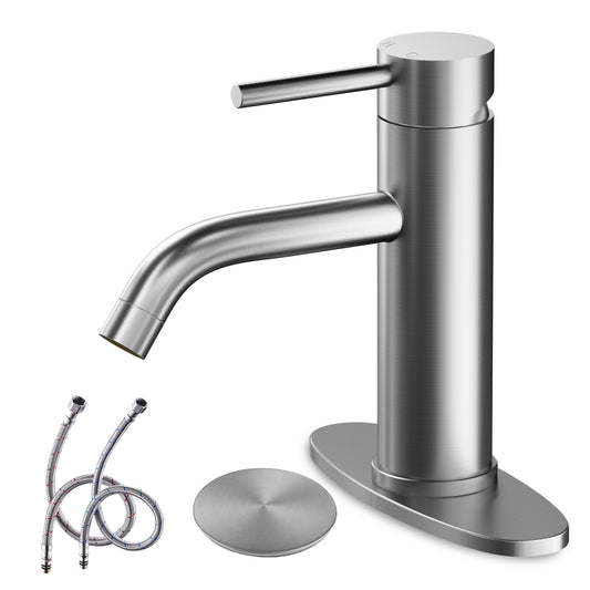 Brushed Bathroom Faucet, Single Handle Brass Sink Faucet Bathroom Single Hole with Pop Up Sink Drain Assembly and Water Faucet Supply Lines