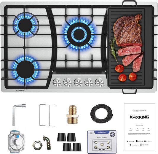 36 Inch Gas Cooktop with Griddle, Gas Stove Top with 5, Reversible Cast Iron Grill/Griddle, NG/LPG Convertible, with Thermocouple Protection, Stainless Steel