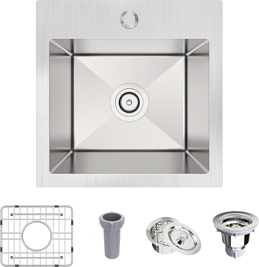 15 x 15 inch Bar Sink, KOXKING Drop-in Kitchen Sink with Strain & Bottom Grid, Single Bowl T-304 Stainless Steel Small Sink