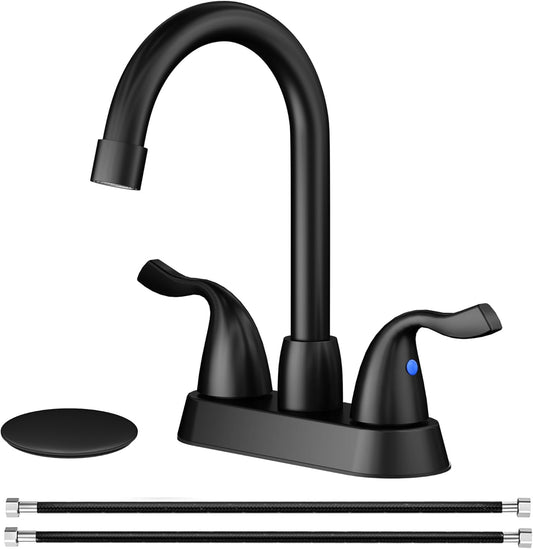 Matte Black Bathroom Sink Faucet, 2 Handle Bathroom Faucet 4 Inch Centerset Bathroom Faucet 3 Hole with Pop-up Drain and Supply Lines