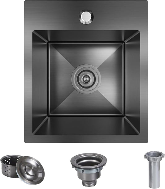 13 x 15 Inch Black Drop In Kitchen Bar Sink,18 Gauge Stainless Steel Bar Sink with Basket Strainer
