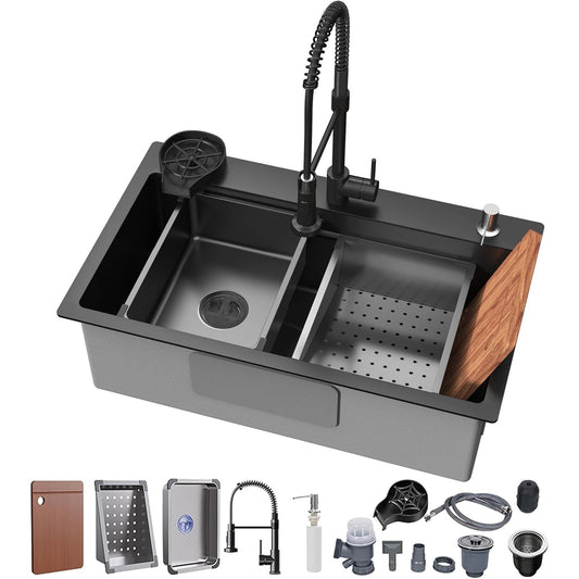 26.7 x 17.7 Inch Black Kitchen Sink, Single Bowl Stainless Steel Drop In Workstation Sink with Spring Pull-Down Faucet, Cup Rinsing Tray, Soap Dispenser & Cutting Board