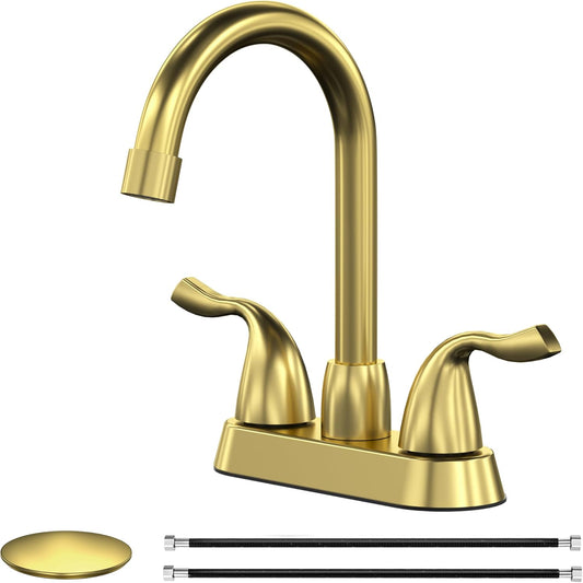 Brushed Gold Bathroom Sink Faucet, 2 Handle Bathroom Faucet 4 Inch Centerset Bathroom Faucet 3 Hole with Pop-up Drain and Supply Lines