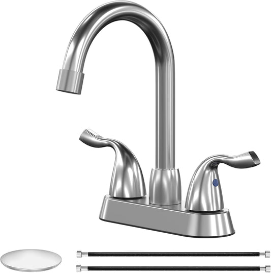 Brushed Nickel 2 Handle Bathroom Faucet 4 Inch Centerset Bathroom Faucet 3 Hole with Pop-up Drain and Supply Lines