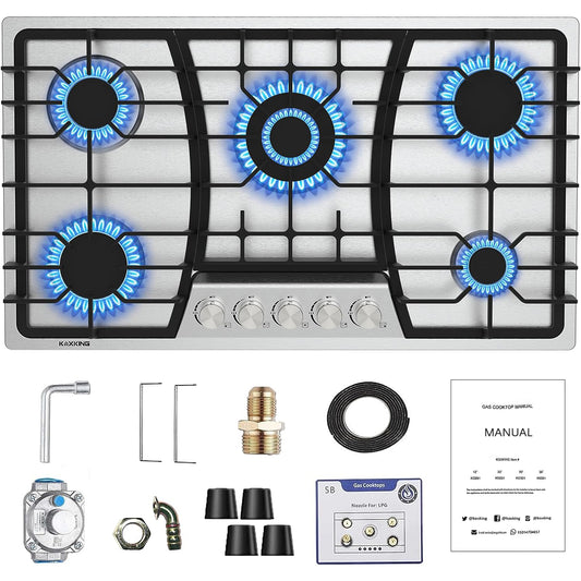 36 inch gas cooktop, Built-in Gas Stove Top with 5, Five Burner Propane Cooktop with Thermocouple Protection, Stainless Steel