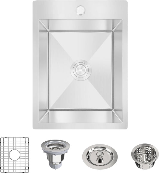 15x20 Inch Bar Sink - 18 Gauge T-304 Stainless Steel Topmount/Drop In Kitchen Sink with Grid & Drain Assembly for Home, RV, Office, Laundry & Professional Use