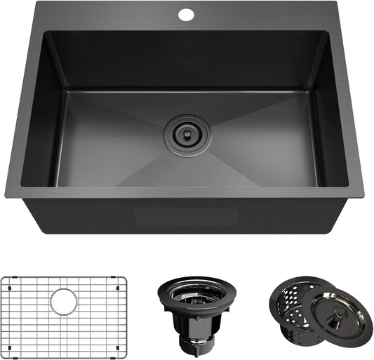 28 x 20 Inch Black Stainless Steel Single Bowl Drop In Kitchen Sink