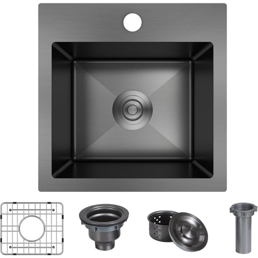 15 x 15 Inch Black Drop In Kitchen Bar Sink,18 Gauge Stainless Steel Bar Sink with Grid and Basket Strainer