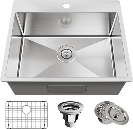 25 x 22 Inch Single Bowl Drop In Kitchen Sink Topmount 18 Gauge Stainless Steel Kitchen Sink Single Basin with Bottom Grid Drain Strainer Set