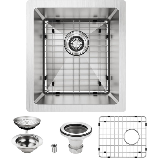 15 x 17 inch Undermount Bar Sink, 18 Gauge Stainless Steel, Black with Strain & Bottom Grid