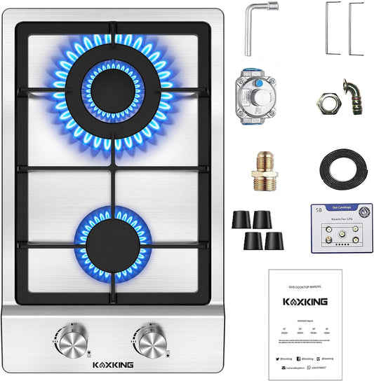 Gas Cooktop 12 inch, Built-in Gas Stove Top with 2, 12 Inch NG/LPG Convertible Cooktops, Dual Burner Propane Cooktop with Thermocouple Protection, Stainless Steel