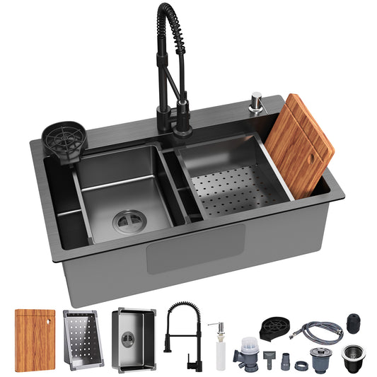 29.5 x 17.7 Inch Black Kitchen Sink, Single Bowl Stainless Steel Drop In Workstation Sink with Spring Pull-Down Faucet, Cup Rinsing Tray, Soap Dispenser & Cutting Board