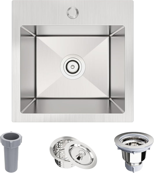 Bar Sink, KOXKING 15 x 15 inch Drop in Bar or Prep Kitchen Sink, Handmade Single Bowl T-304 Stainless Steel Small Sink with Strain