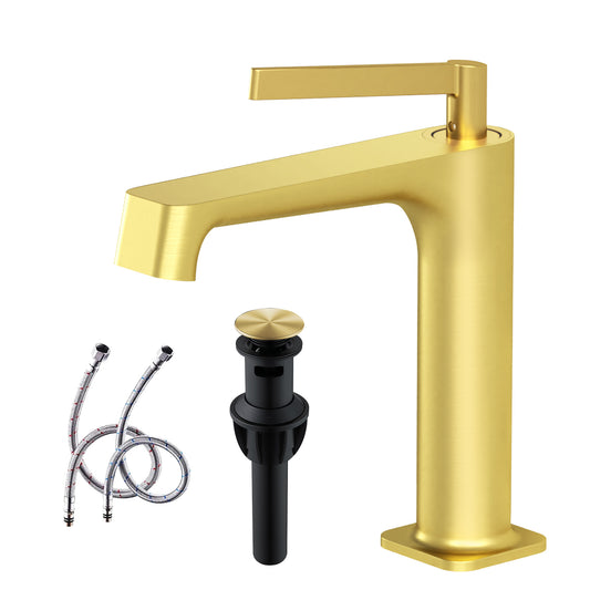 Brushed Gold Single Hole Bathroom sink Faucet with Pop-up Drain Suitable for 1 Hole