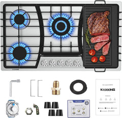 36 Inch Gas Cooktop with Griddle, Gas Stove Top with 5, Reversible Cast Iron Grill/Griddle, NG/LPG Convertible, with Thermocouple Protection, Stainless Steel