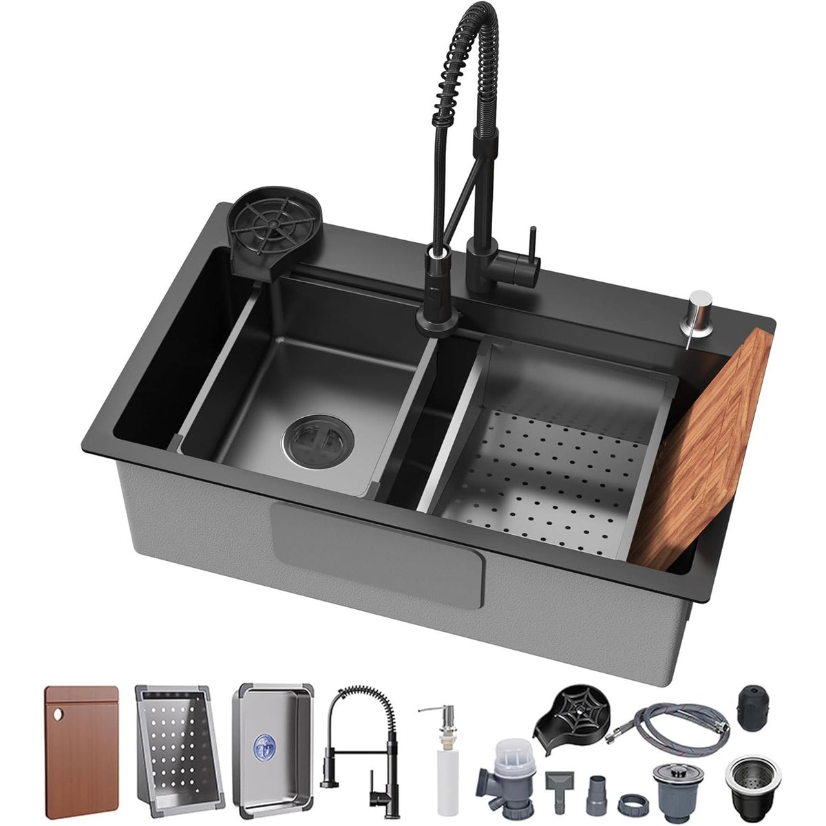 26.7 x 17.7 Inch Black Kitchen Sink, Single Bowl Stainless Steel Drop In Workstation Sink with Spring Pull-Down Faucet, Cup Rinsing Tray, Soap Dispenser & Cutting Board