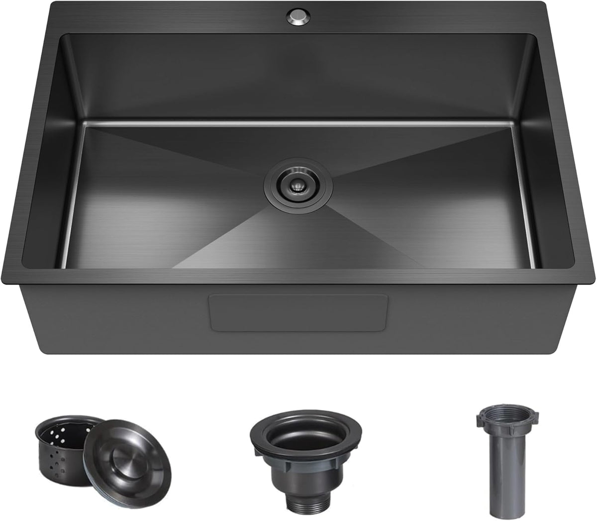 33 x 22 Inch Black Single Bowl Drop In Kitchen Sink Topmount 18 Gauge Stainless Steel Single Bowl Kitchen Sink Single Basin with Bottom Grid Drain Strainer Set