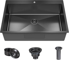 33 x 22 Inch Black Single Bowl Drop In Kitchen Sink Topmount 18 Gauge Stainless Steel Single Bowl Kitchen Sink Single Basin with Bottom Grid Drain Strainer Set