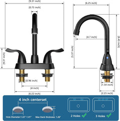 Matte Black Bathroom Sink Faucet, 2 Handle Bathroom Faucet 4 Inch Centerset Bathroom Faucet 3 Hole with Pop-up Drain and Supply Lines