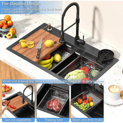 26.7 x 17.7 Inch Black Kitchen Sink, Single Bowl Stainless Steel Drop In Workstation Sink with Spring Pull-Down Faucet, Cup Rinsing Tray, Soap Dispenser & Cutting Board