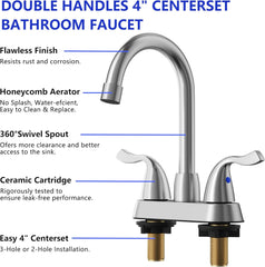 Brushed Nickel 2 Handle Bathroom Faucet 4 Inch Centerset Bathroom Faucet 3 Hole with Pop-up Drain and Supply Lines
