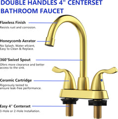 Brushed Gold Bathroom Sink Faucet, 2 Handle Bathroom Faucet 4 Inch Centerset Bathroom Faucet 3 Hole with Pop-up Drain and Supply Lines