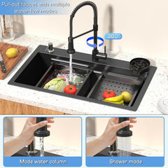 26.7 x 17.7 Inch Black Kitchen Sink, Single Bowl Stainless Steel Drop In Workstation Sink with Spring Pull-Down Faucet, Cup Rinsing Tray, Soap Dispenser & Cutting Board