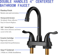 Matte Black Bathroom Sink Faucet, 2 Handle Bathroom Faucet 4 Inch Centerset Bathroom Faucet 3 Hole with Pop-up Drain and Supply Lines