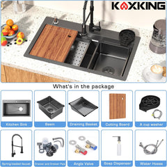 26.7 x 17.7 Inch Black Kitchen Sink, Single Bowl Stainless Steel Drop In Workstation Sink with Spring Pull-Down Faucet, Cup Rinsing Tray, Soap Dispenser & Cutting Board
