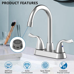 Brushed Nickel 2 Handle Bathroom Faucet 4 Inch Centerset Bathroom Faucet 3 Hole with Pop-up Drain and Supply Lines