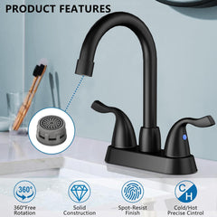 Matte Black Bathroom Sink Faucet, 2 Handle Bathroom Faucet 4 Inch Centerset Bathroom Faucet 3 Hole with Pop-up Drain and Supply Lines