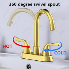 Brushed Gold Bathroom Sink Faucet, 2 Handle Bathroom Faucet 4 Inch Centerset Bathroom Faucet 3 Hole with Pop-up Drain and Supply Lines