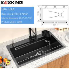26.7 x 17.7 Inch Black Kitchen Sink, Single Bowl Stainless Steel Drop In Workstation Sink with Spring Pull-Down Faucet, Cup Rinsing Tray, Soap Dispenser & Cutting Board