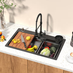 29.5 x 17.7 Inch Black Kitchen Sink, Single Bowl Stainless Steel Drop In Workstation Sink with Spring Pull-Down Faucet, Cup Rinsing Tray, Soap Dispenser & Cutting Board