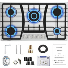 36 inch gas cooktop, Built-in Gas Stove Top with 5, Five Burner Propane Cooktop with Thermocouple Protection, Stainless Steel