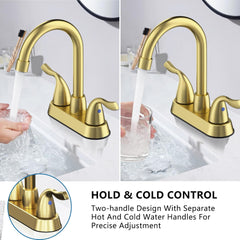 Brushed Gold Bathroom Sink Faucet, 2 Handle Bathroom Faucet 4 Inch Centerset Bathroom Faucet 3 Hole with Pop-up Drain and Supply Lines