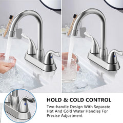 Brushed Nickel 2 Handle Bathroom Faucet 4 Inch Centerset Bathroom Faucet 3 Hole with Pop-up Drain and Supply Lines