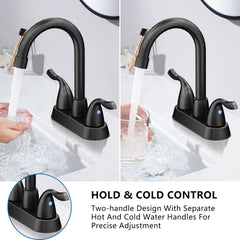 Matte Black Bathroom Sink Faucet, 2 Handle Bathroom Faucet 4 Inch Centerset Bathroom Faucet 3 Hole with Pop-up Drain and Supply Lines