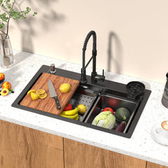 26.7 x 17.7 Inch Black Kitchen Sink, Single Bowl Stainless Steel Drop In Workstation Sink with Spring Pull-Down Faucet, Cup Rinsing Tray, Soap Dispenser & Cutting Board