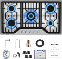 30 Inch Gas Cooktop, 5 Burner Dual Fuel Built-in Stove Top, Stainless Steel Propane/Natural Gas Cooktop with Thermocouple Protection, NG/LPG Convertible for Safe & Efficient Cooking