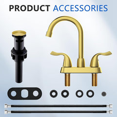 Brushed Gold Bathroom Sink Faucet, 2 Handle Bathroom Faucet 4 Inch Centerset Bathroom Faucet 3 Hole with Pop-up Drain and Supply Lines