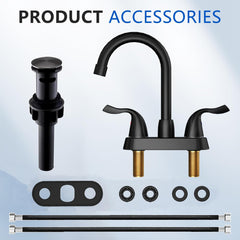 Matte Black Bathroom Sink Faucet, 2 Handle Bathroom Faucet 4 Inch Centerset Bathroom Faucet 3 Hole with Pop-up Drain and Supply Lines