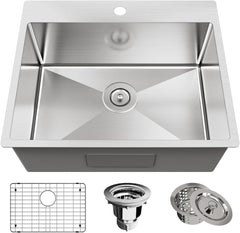 25 x 22 Inch Single Bowl Drop In Kitchen Sink Topmount 18 Gauge Stainless Steel Kitchen Sink Single Basin with Bottom Grid Drain Strainer Set