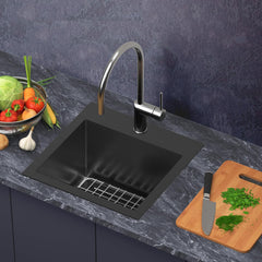15 x 15 Inch Black Drop In Kitchen Bar Sink，18 Gauge Stainless Steel Bar Sink with Grid and Basket Strainer