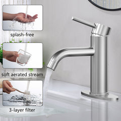 Brushed Bathroom Faucet, Single Handle Brass Sink Faucet Bathroom Single Hole with Pop Up Sink Drain Assembly and Water Faucet Supply Lines