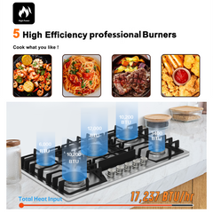 36 inch gas cooktop, Built-in Gas Stove Top with 5, Five Burner Propane Cooktop with Thermocouple Protection, Stainless Steel
