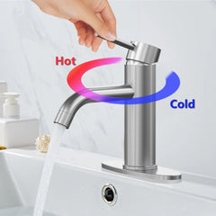 Brushed Bathroom Faucet, Single Handle Brass Sink Faucet Bathroom Single Hole with Pop Up Sink Drain Assembly and Water Faucet Supply Lines