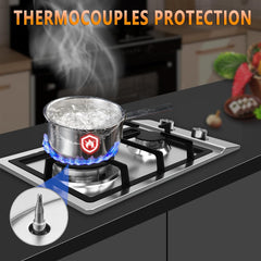 Gas Cooktop 12 inch, Built-in Gas Stove Top with 2, 12 Inch NG/LPG Convertible Cooktops, Dual Burner Propane Cooktop with Thermocouple Protection, Stainless Steel