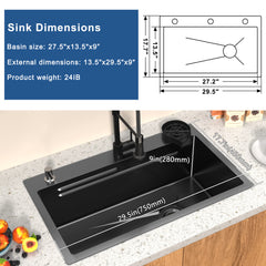 29.5 x 17.7 Inch Black Kitchen Sink, Single Bowl Stainless Steel Drop In Workstation Sink with Spring Pull-Down Faucet, Cup Rinsing Tray, Soap Dispenser & Cutting Board