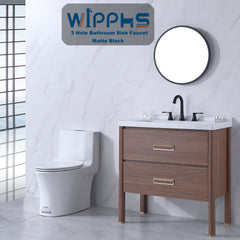 3 Hole Matte Black Bathroom Faucet with Pop Up Drain and cUPC Faucets Supply Hose